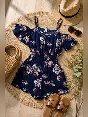 Mudd Navy Floral Romper Small Cold Shoulder Adjustable Straps Festival Boho